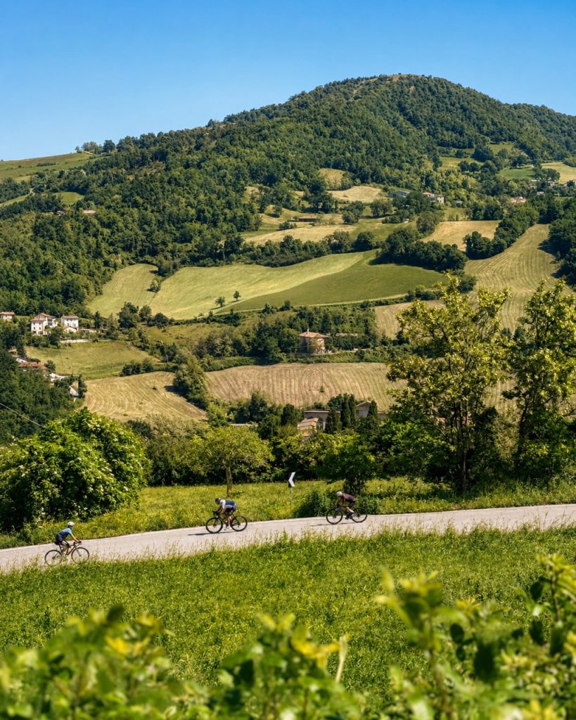 Cicloturisti pedalano sulle colline del Montefeltro immersi nel verde in direzione del Cippo di Carpegna