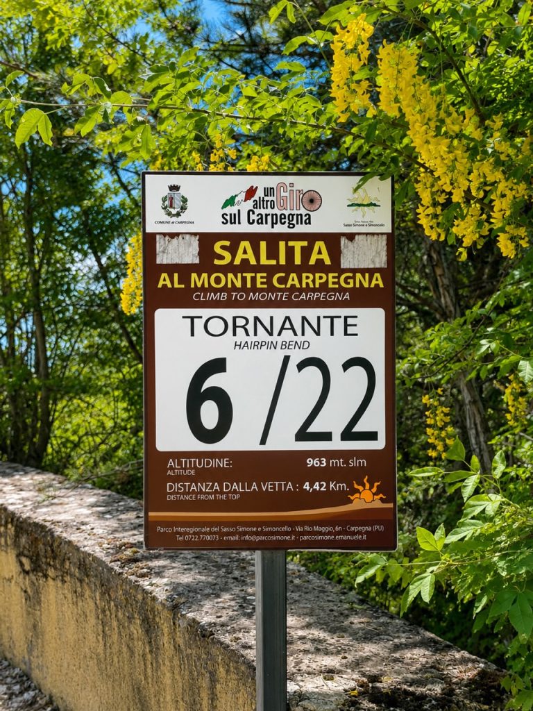 Cartello stradale del tornante 6 della salita al Monte Carpegna con altitudine e distanza dalla vetta