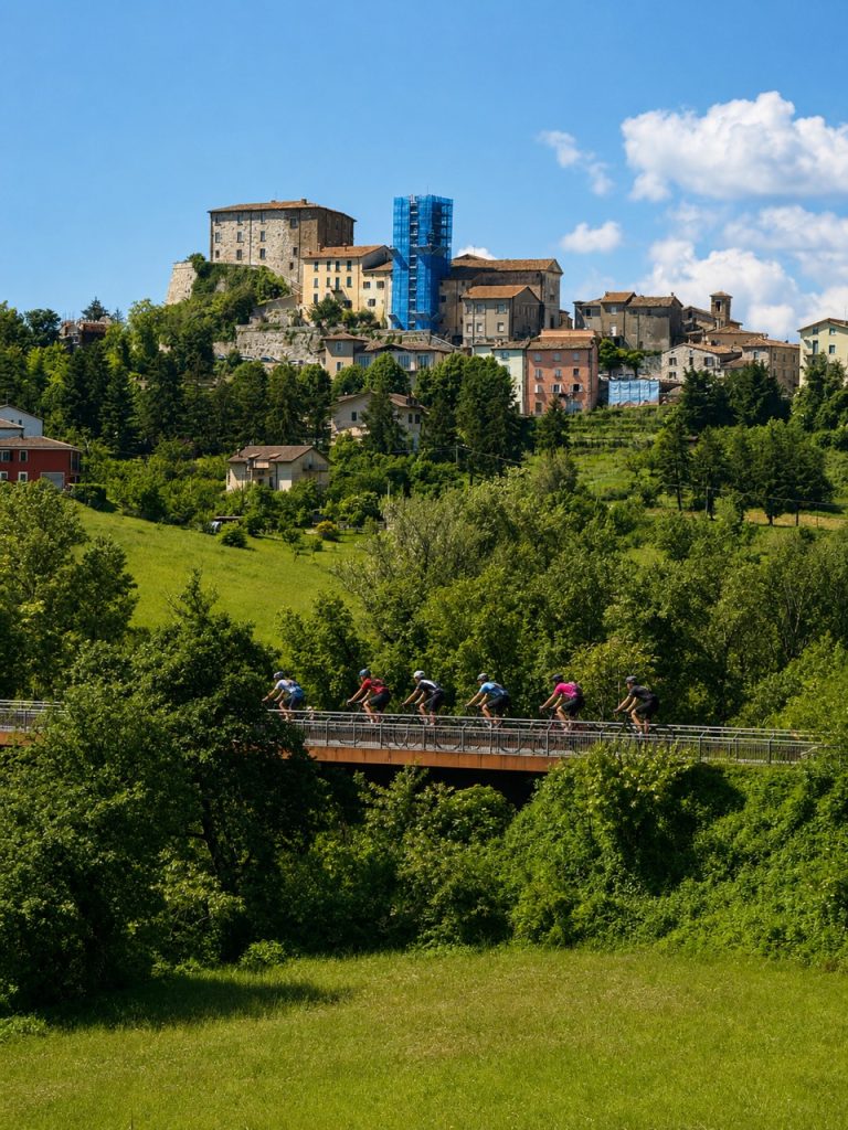 Ciclisti in bici da corsa su un ponte ai piedi del borgo di Monte Cerignone verso il Cippo di Carpegna