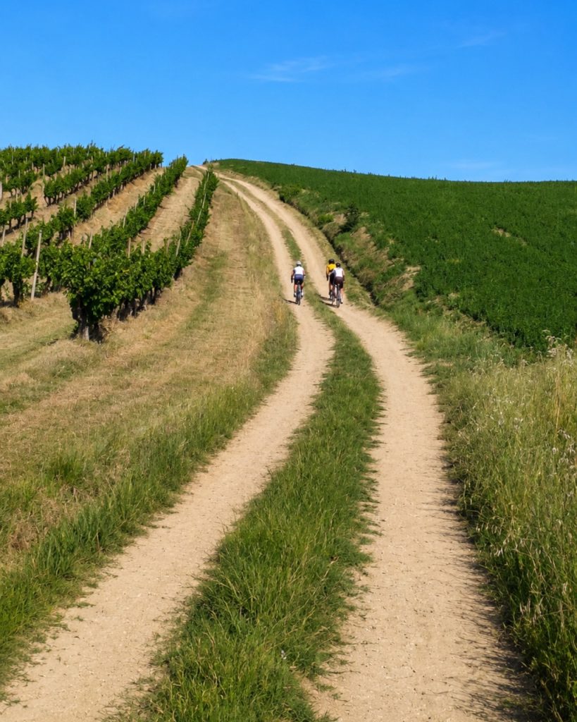 Three gravel cyclists tackling a dirt climb on a country lane surrounded by vineyards and green hills in the Romagna hinterland