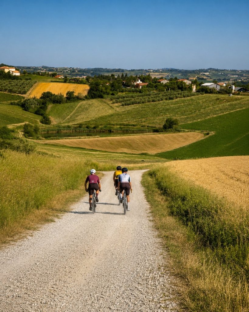 Gravel cyclists riding along a panoramic white road through the hills of Romagna, with colorful fields and a small village in the distance